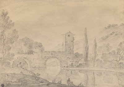 Italienische Landschaft mit dreibogiger Brücke, Brückenhaus, Figuren am nahen Ufer und Pappeln am fernen Ufer von Richard Wilson